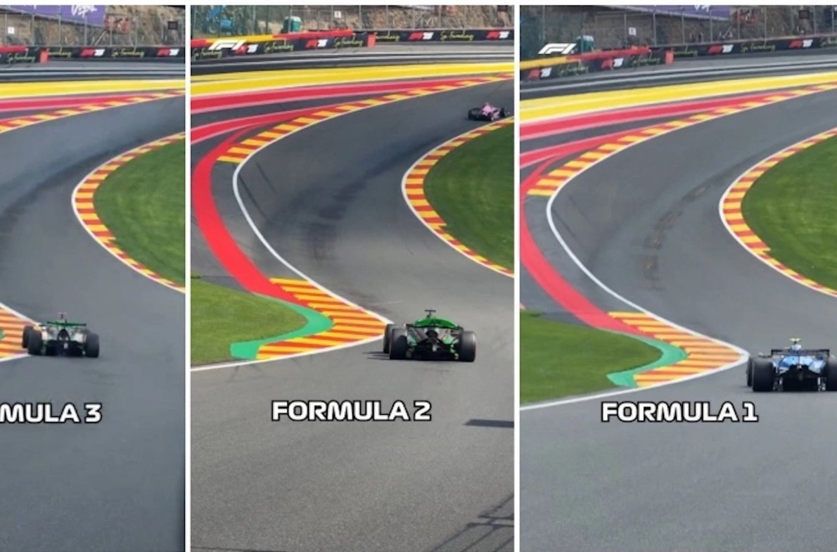 Videón az F1, F2 és F3 sebességkülönbsége az Eau Rouge-ban